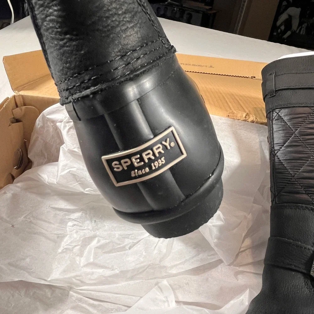 Sperry Saltwater Tall Nylon Duck Boots Womens 8.5 Black NEW w/Box Quilted Buckle